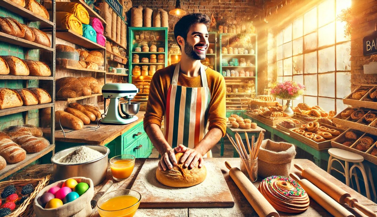 bakery owner making bread.